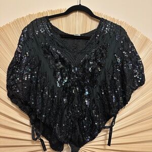 Vintage Silk Butterfly Top Elegant Black Sequin Women's Top